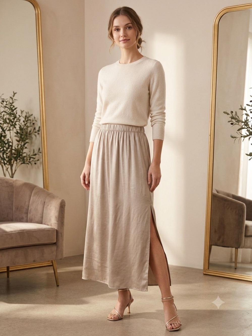 Chico's Polyester Satin Maxi Skirt Size 2 US L 12 Taupe Beige Pull On Side Slit